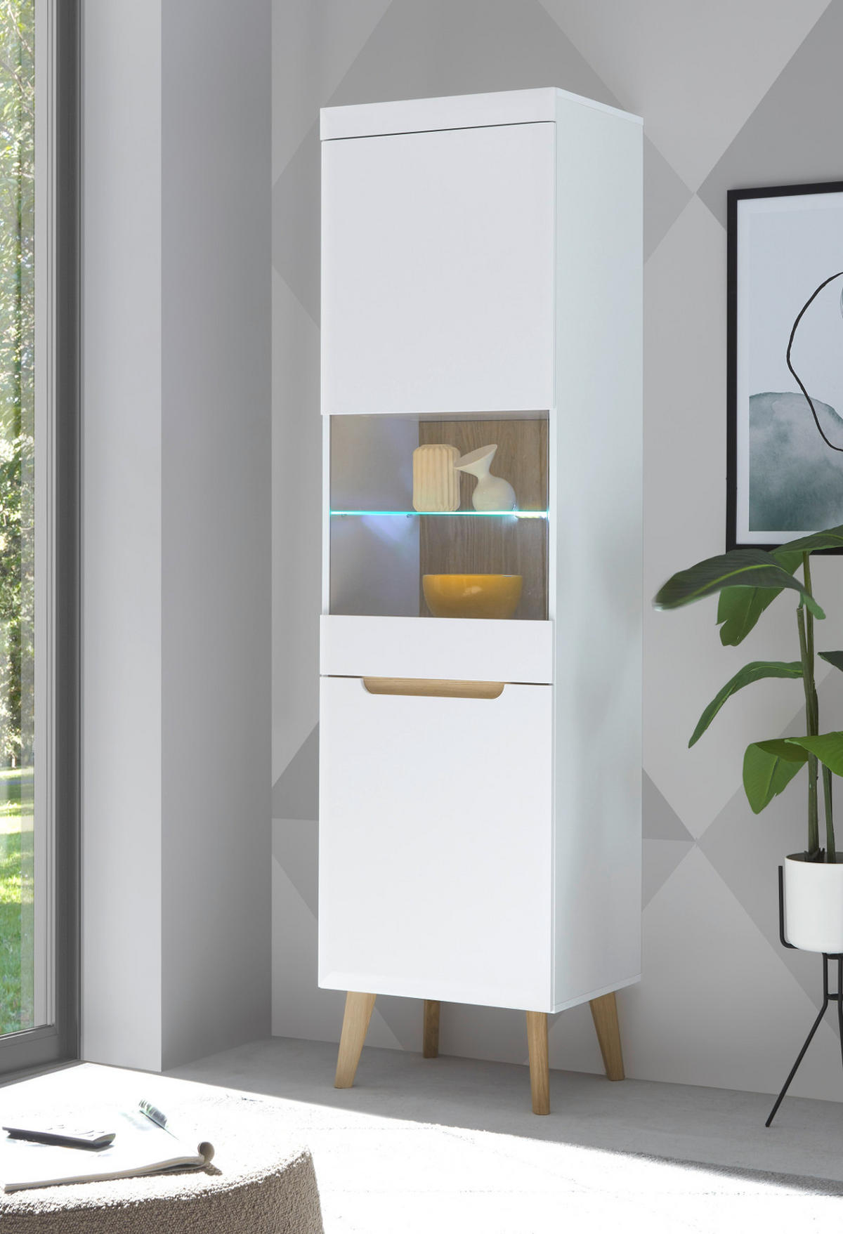 VITRINE weiß, Eiche, skandinavisch 53 x 197 cm, Vitrinenschrank mit Soft-Close - Eichefarben/Weiß, Glas/Holz (53/197/40cm) - Furn.Design