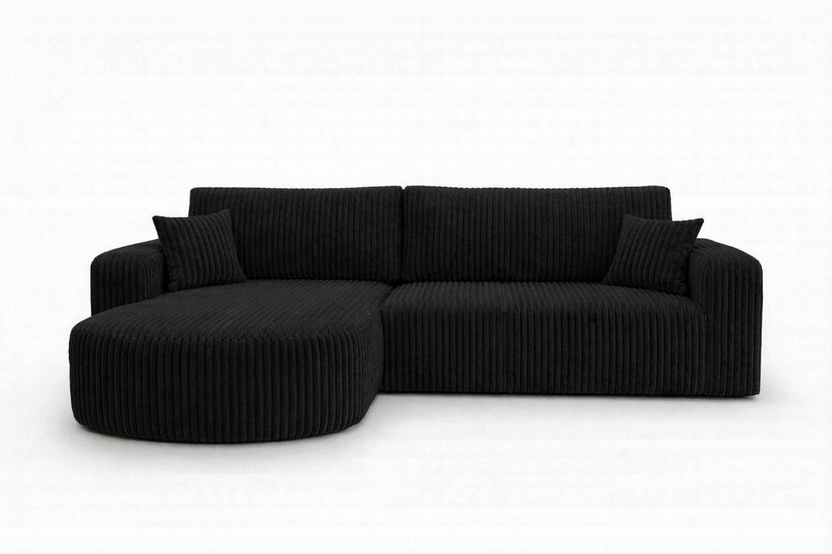 ECKSOFA Mit Schlaffunktion, Cordstoff Tilia, Schwarz, Links, ROUND ONE XL - Schwarz, Holz (271/175cm) - Kaiser Möbel