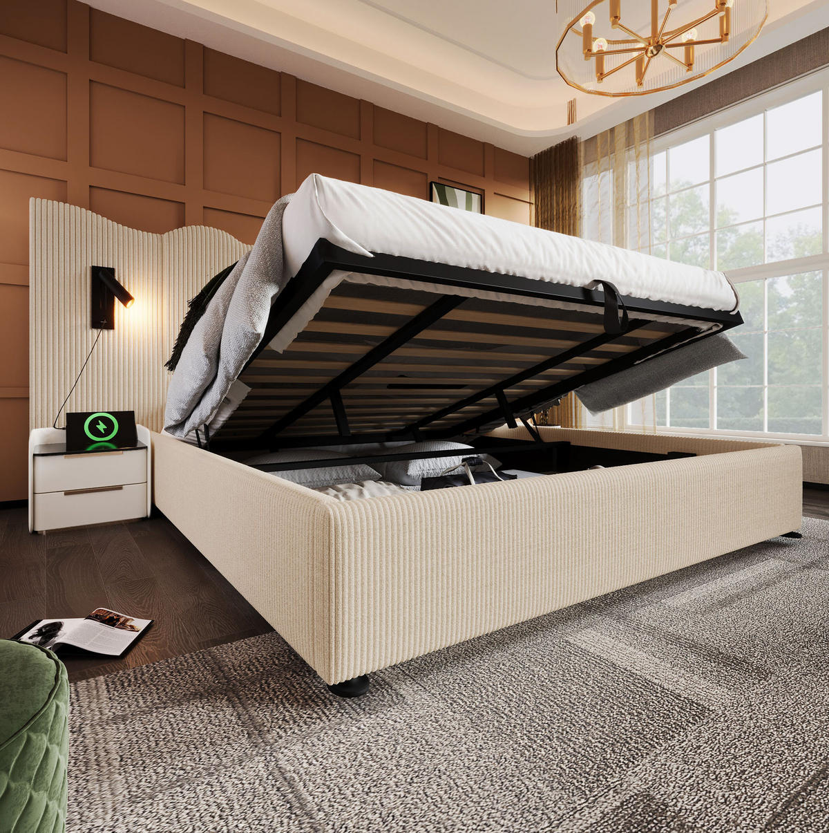 POLSTERBETT aus Cordstoff 180x200 cm Beige-Weiß mit Stauraum, Leselampe und USB-C - Beige, Textil (180/200cm) - IVMEU