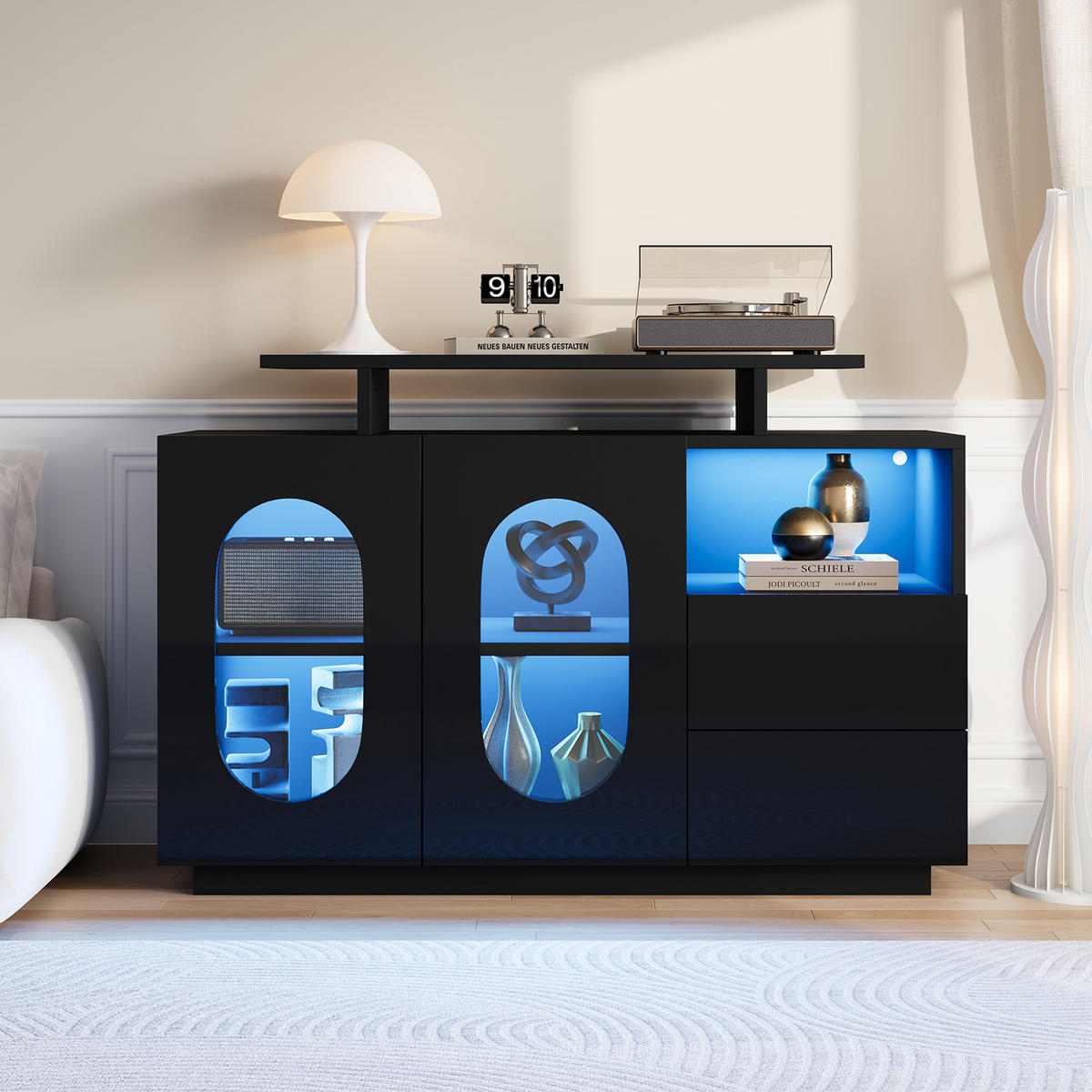 SIDEBOARD mit LED, Glastüren und Hochglanzfront, Schwarz - Schwarz, Holzwerkstoff (120/80/40cm)