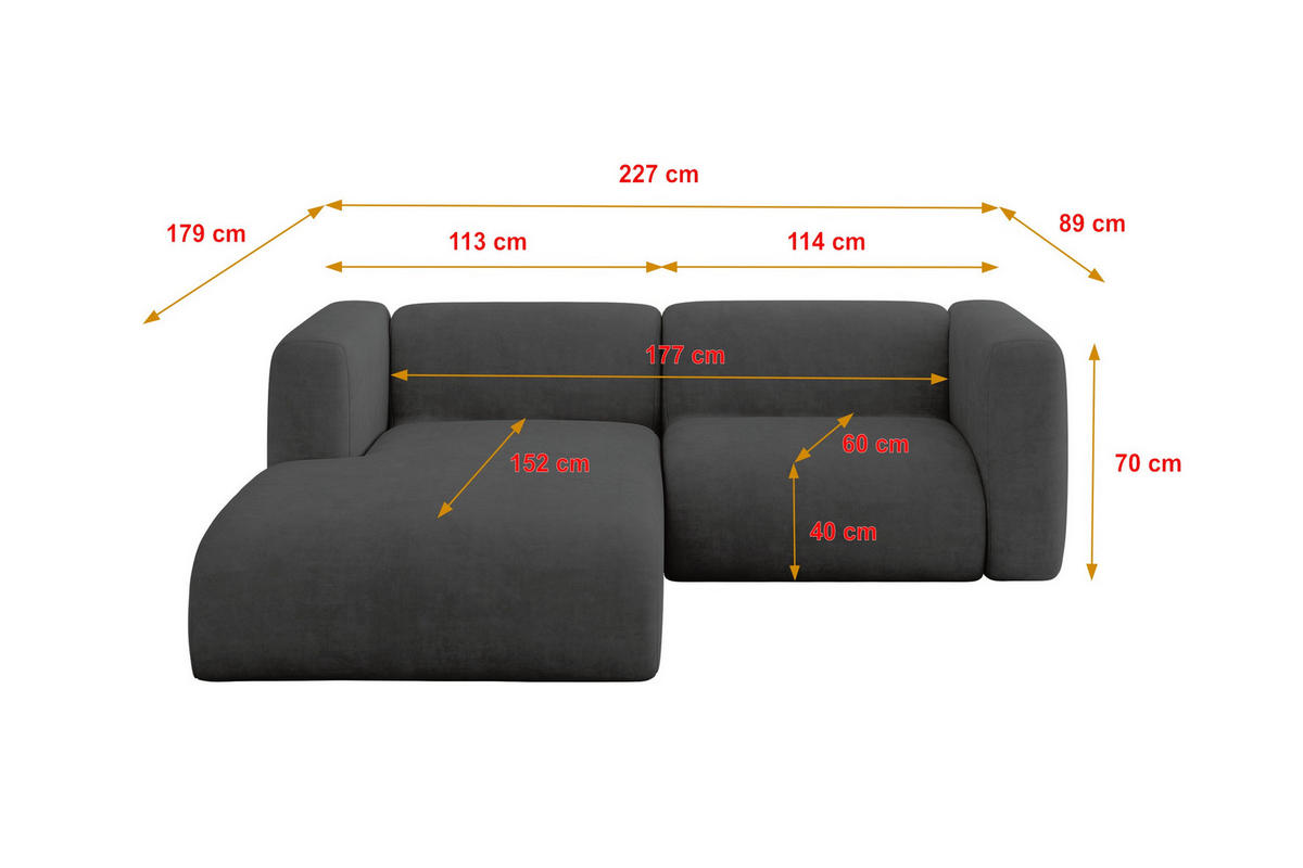 ECKSOFA Ottomane Links MIRA-L1 227x179x89 Dunkelgrau Velours - Dunkelgrau/Schwarz, Holzwerkstoff/Kunststoff (227/179cm) - ALTDECOR