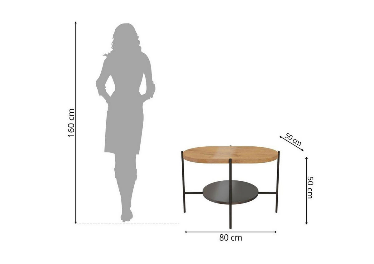 COUCHTISCH Arena Eiche, Schwarz, Oval - Eichefarben/Schwarz, Holzwerkstoff/Metall (50/80/50cm) - Dancan