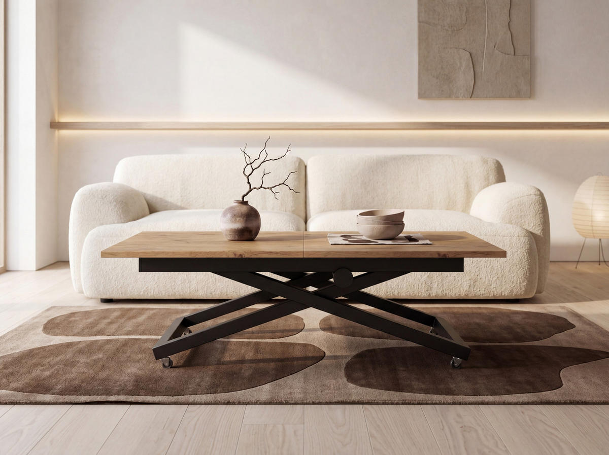 COUCHTISCH Axen höhenverstellbar ausziehbar, Eiche Braun 120-160/80/38-75 cm - Eichefarben/Schwarz, Holzwerkstoff/Metall (80/160/75cm) - WFL GROUP
