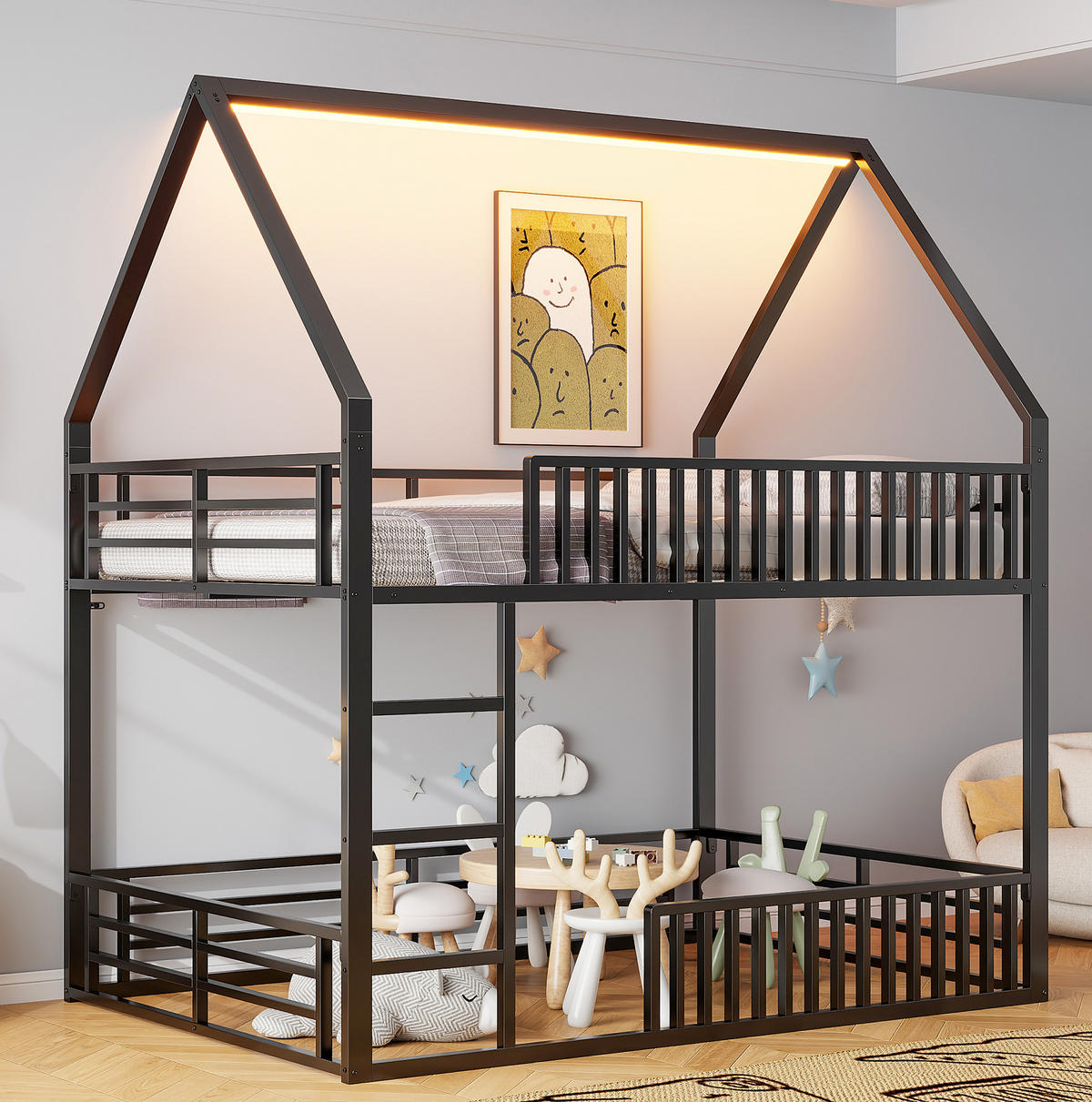 ETAGENBETT in Hausform mit LED-Licht 140x200 cm Metall Schwarz - Schwarz, Metall (140/200cm) - Beauniv