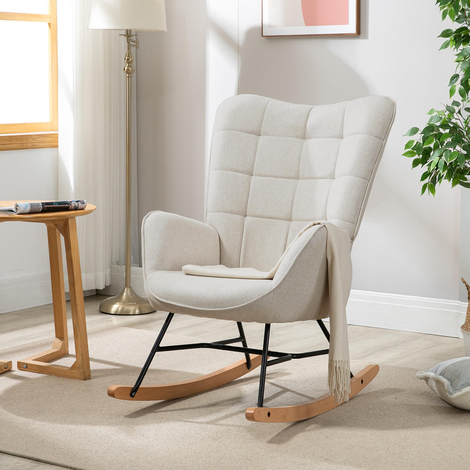 SCHAUKELSTUHL, Skandinavischer Stoff-Schaukelstuhl mit Holz- und Metallgestell, Beige - Beige, Holz/Textil (68/98/85cm) - Meubles Cosy