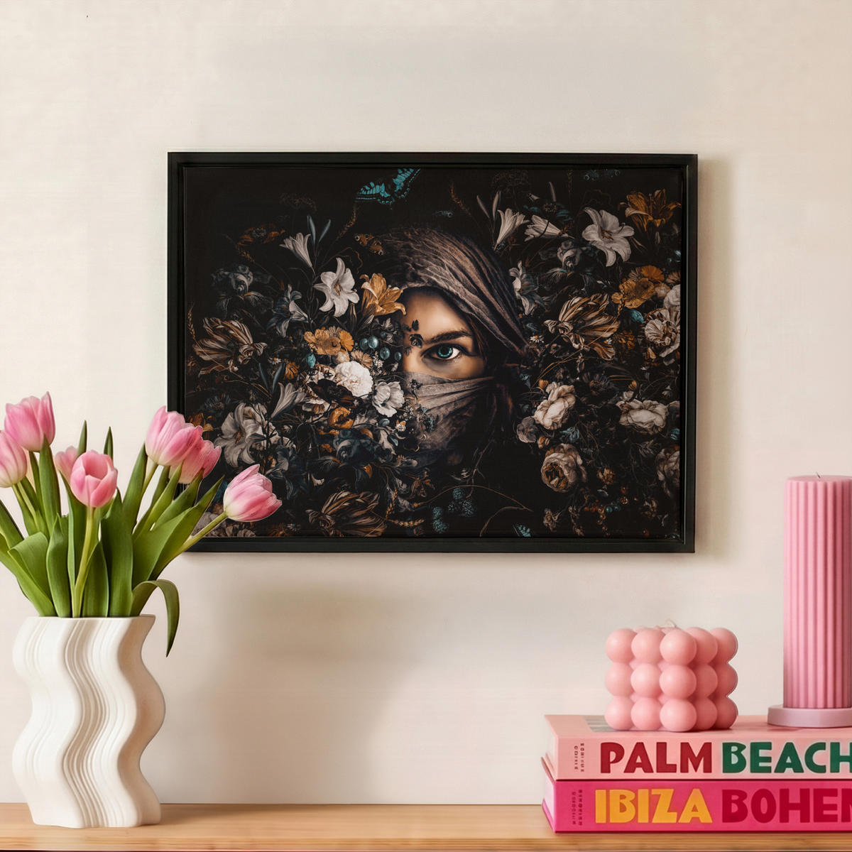 LEINWAND Bilder mit Rahmen - Frau - Luxus - Blumen - Schmetterling - Porträt - 40x30 - Schwarz, Textil (40/30cm) - MuchoWow