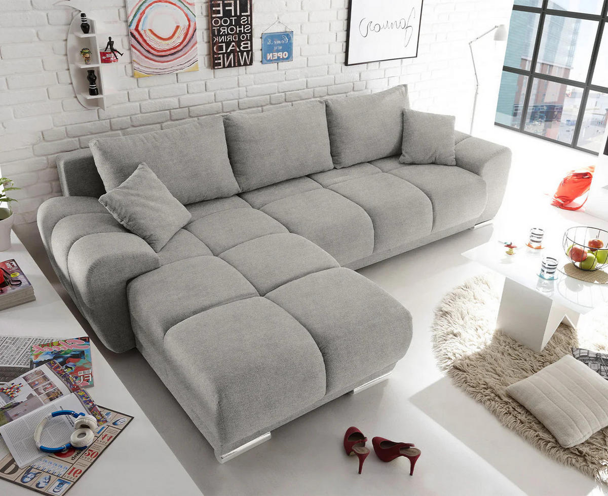 ECKSOFA beidseitig montierbar, Schlaffunktion mit Bettkasten - Chromfarben/Hellgrau, Textil (289/189cm) - ed exciting design