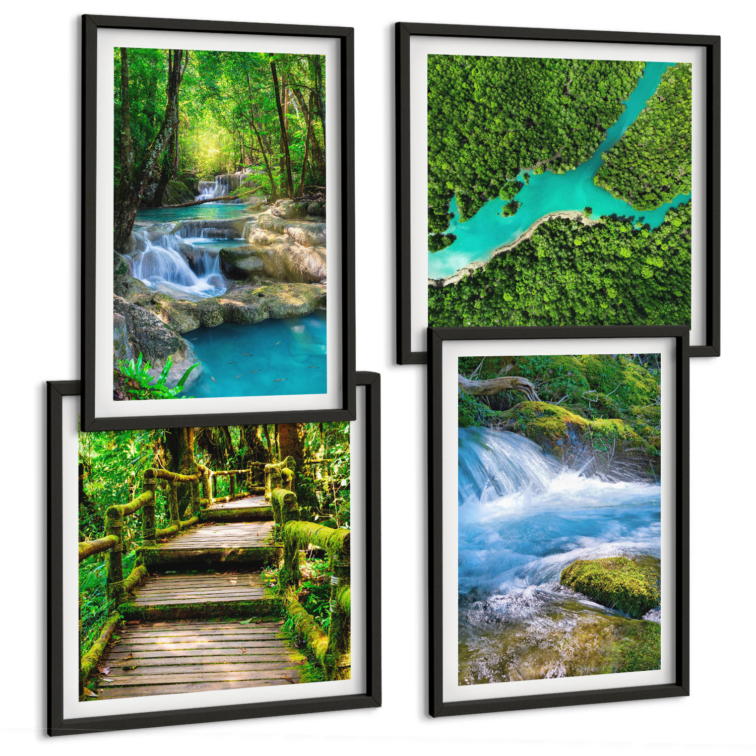BILDER SET 4er Set - 50x50 cm & 40x60 cm Schwarzer Rahmen - Grüne Wälder, kristallklares Wasser - Schwarz, Kunststoff (50/50cm) - TULUP