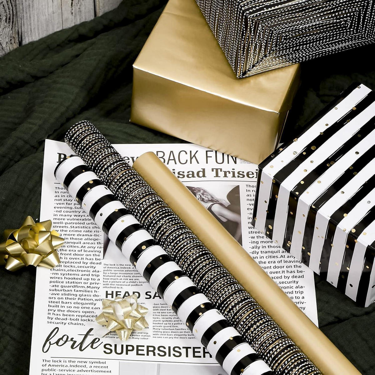 GESCHENKPAPIER 3-teiliges Set Schwarzgold - Multicolor, Papier (43.2/305/43.2cm)
