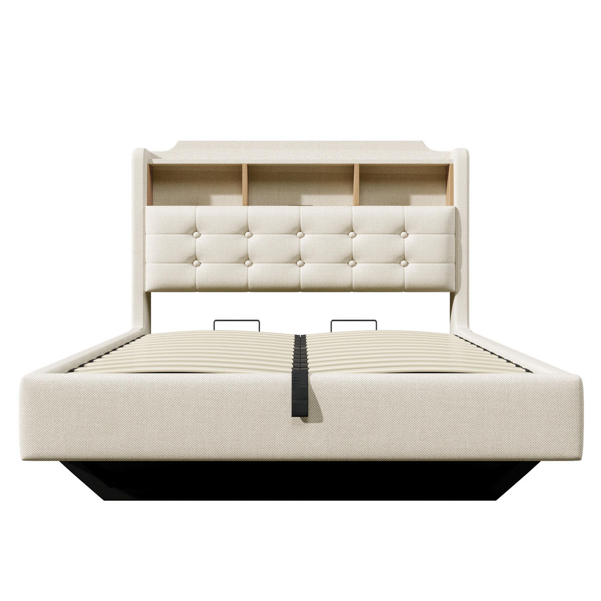 POLSTERBETT 140x200cm Beige LED-Licht Hydraulik USB Leinen - Beige, Holz (140/200cm) - FLIEKS