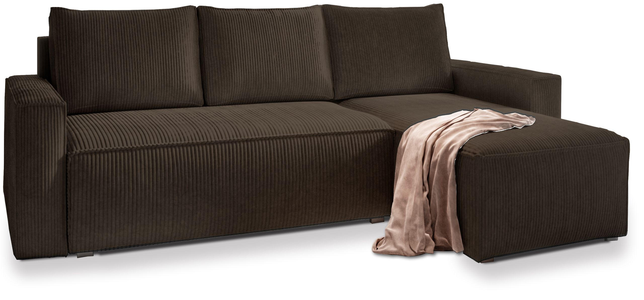 ECKSOFA POTARO Braun Kordstoff mit Schlaffunktion - Braun, Holz (232/140cm) - MASSENO