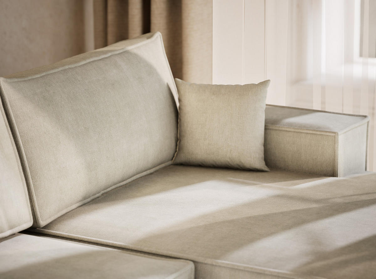 WOHNLANDSCHAFT Kyoto Creme Webstoff - Creme/Schwarz, Holz/Holzwerkstoff (398/70/148cm) - Maison de Reve