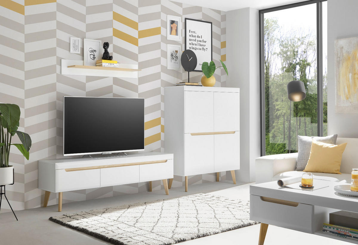 WOHNWAND 3-teilig weiß matt, Eiche, skandinavisch 287 cm, Schrankwand mit Soft-Close - Eichefarben/Weiß, Eichenholz/Holz (287/170/40cm) - Furn.Design