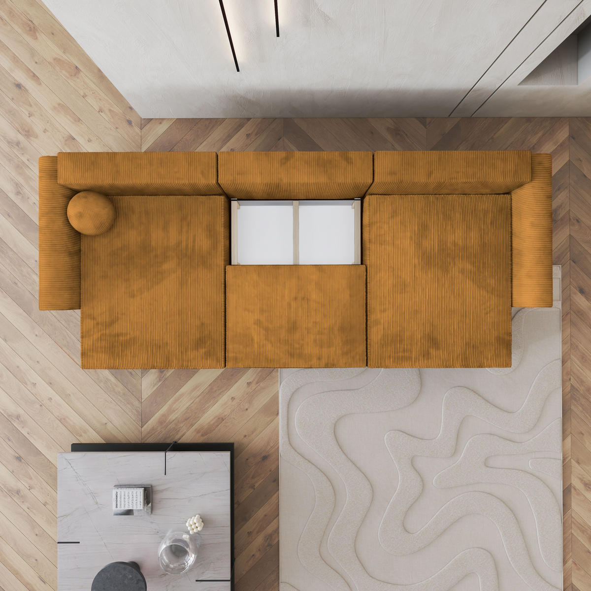 WOHNLANDSCHAFT FENTO P Gelb Kordstoff mit Schlaffunktion - Gelb, Holz (347/90/148cm) - MASSENO