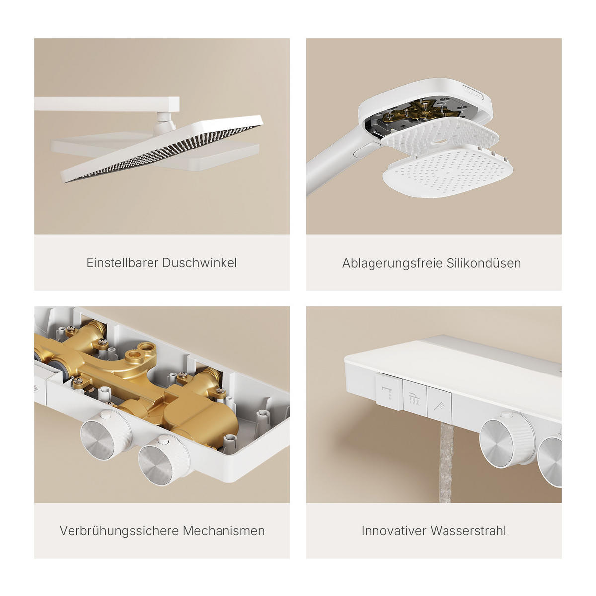 ÜBERKOPFBRAUSESET mit Thermostat Einstellbarer Durchfluss 4-Strahl Mattweiß - Weiß, Metall (40.2/105/57.3cm) - EMKE