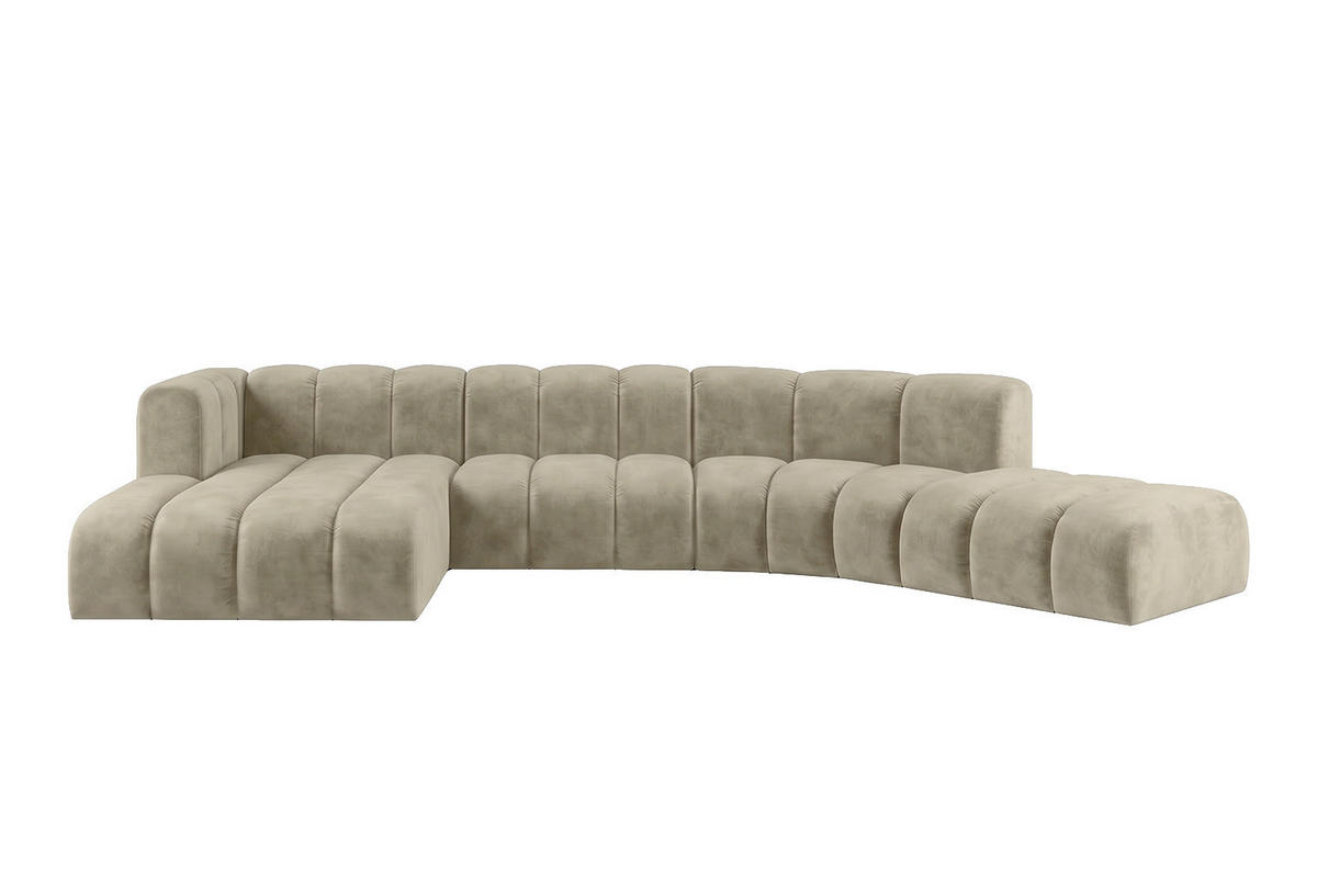 ECKSOFA Modulares In L-Form, Velvet-Stoff Riviera, Beige, Links, GRAND Round - Beige, Holz (445/179cm) - Kaiser Möbel