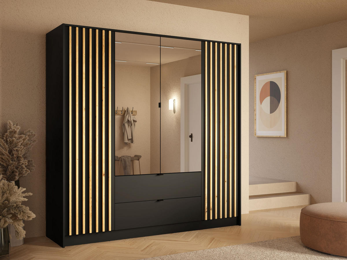 KLEIDERSCHRANK KAVORA 20 - 200×200,5×54,5 cm mit 4 Türen & 2 Schubladen Schwarz Onyx - Schwarz, Holzwerkstoff (200/200.5/54.5cm) - Milaros Markt