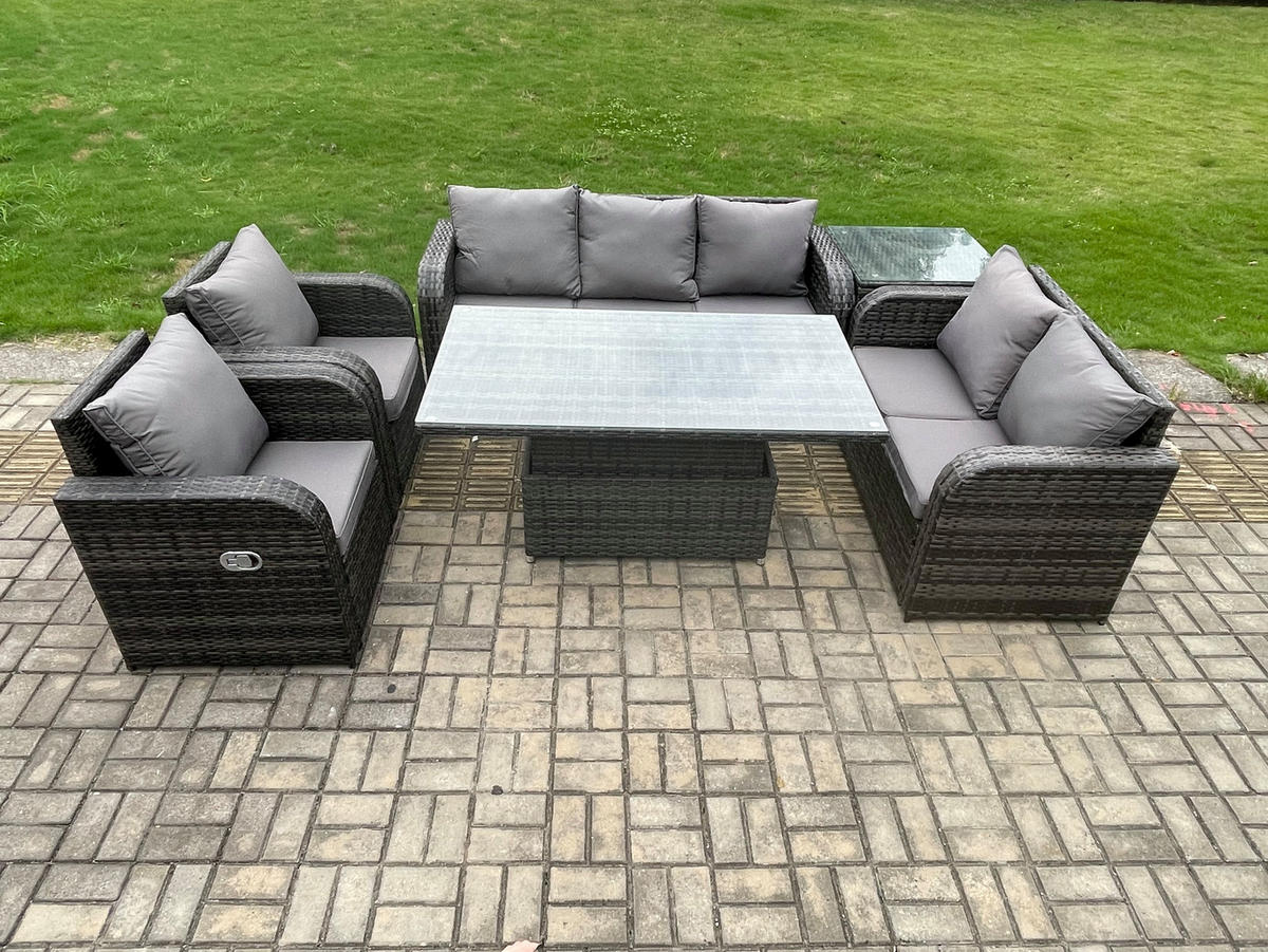 LOUNGESOFA Polyrattan 7-Sitzer - Dunkelgrau/Grau, Glas/Kunststoff - Fimous