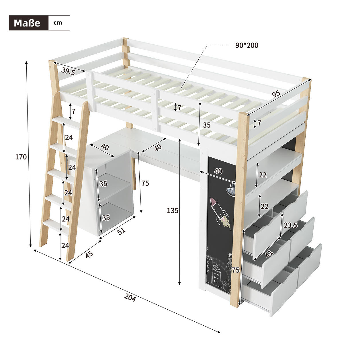 HOCHBETT 90X200cm mit Schreibtisch, Weiß + Natur - Weiß, Holz/Holzwerkstoff (90/200cm) - KOMHTOM