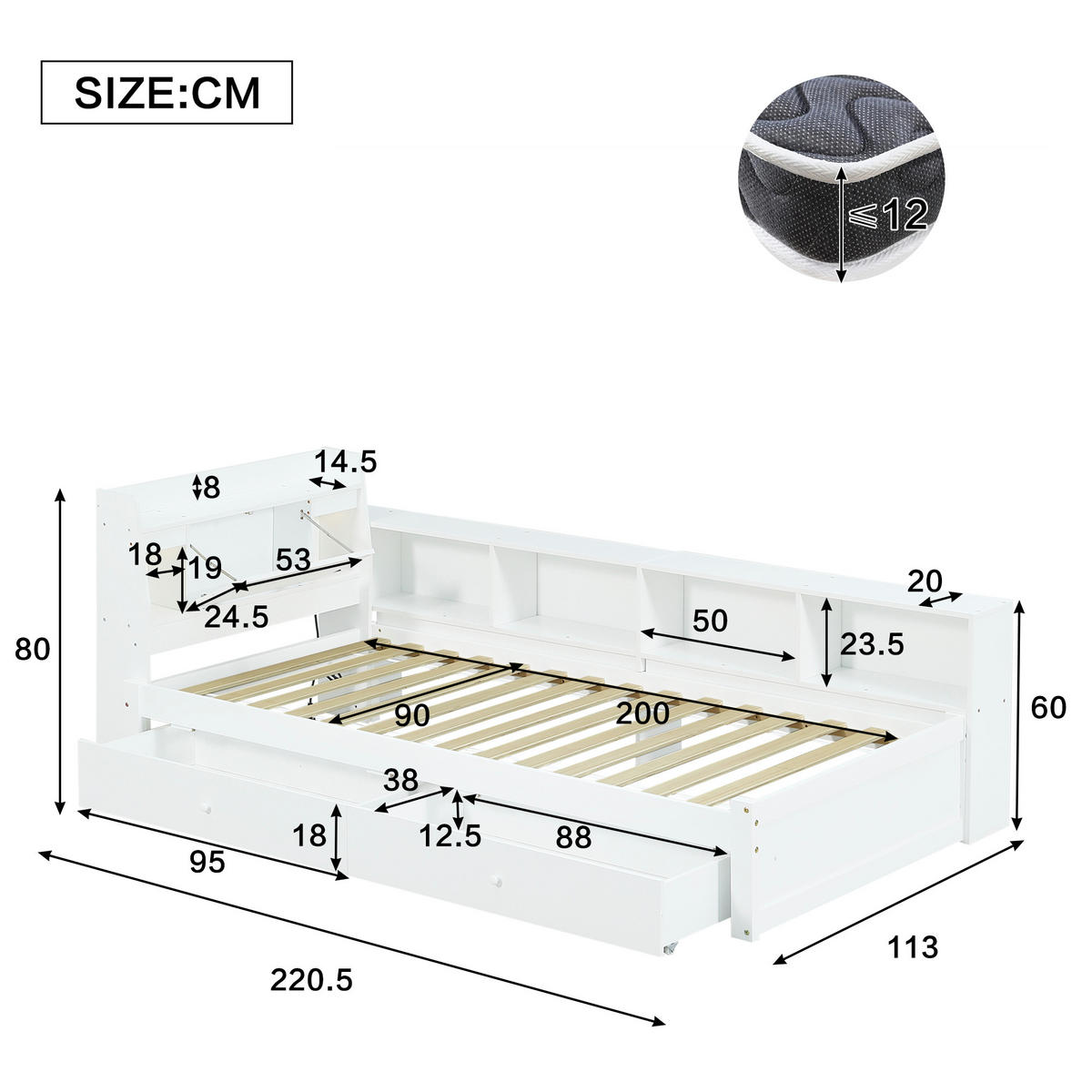EINZELBETT 90x200 cm LED USB Schubladen - Weiß, Holz (90/200cm) - LEBENLANG