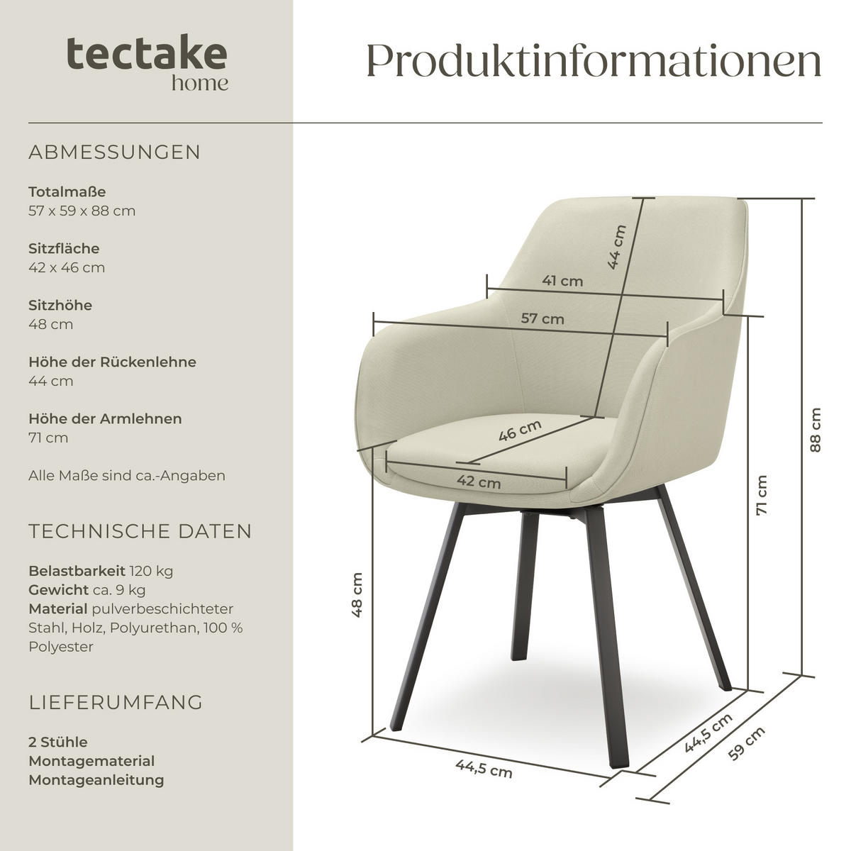 ARMLEHNSTUHL drehbarer 2er Set Alicon 57 x 59 x 88 cm greige - Greige, Textil (57/88/59cm) - tectake
