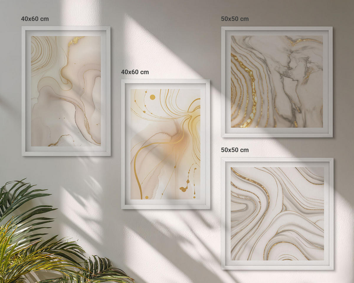 BILDER SET 4er Set - 50x50 cm & 40x60 cm Weißer Rahmen - Subtile abstrakte Muster - Weiß, Kunststoff (50/50cm) - TULUP