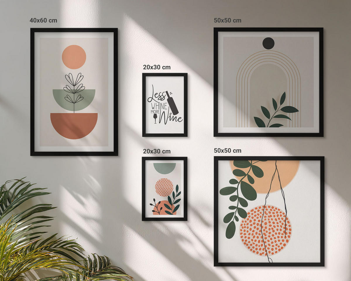 WANDBILDER 5er-Set - 50x50 cm & 20x30 cm & 40x60 cm Schwarzer Rahmen - Abstrakte Pflanzenformen - Schwarz, Kunststoff (40/60cm) - ArtPrintCave