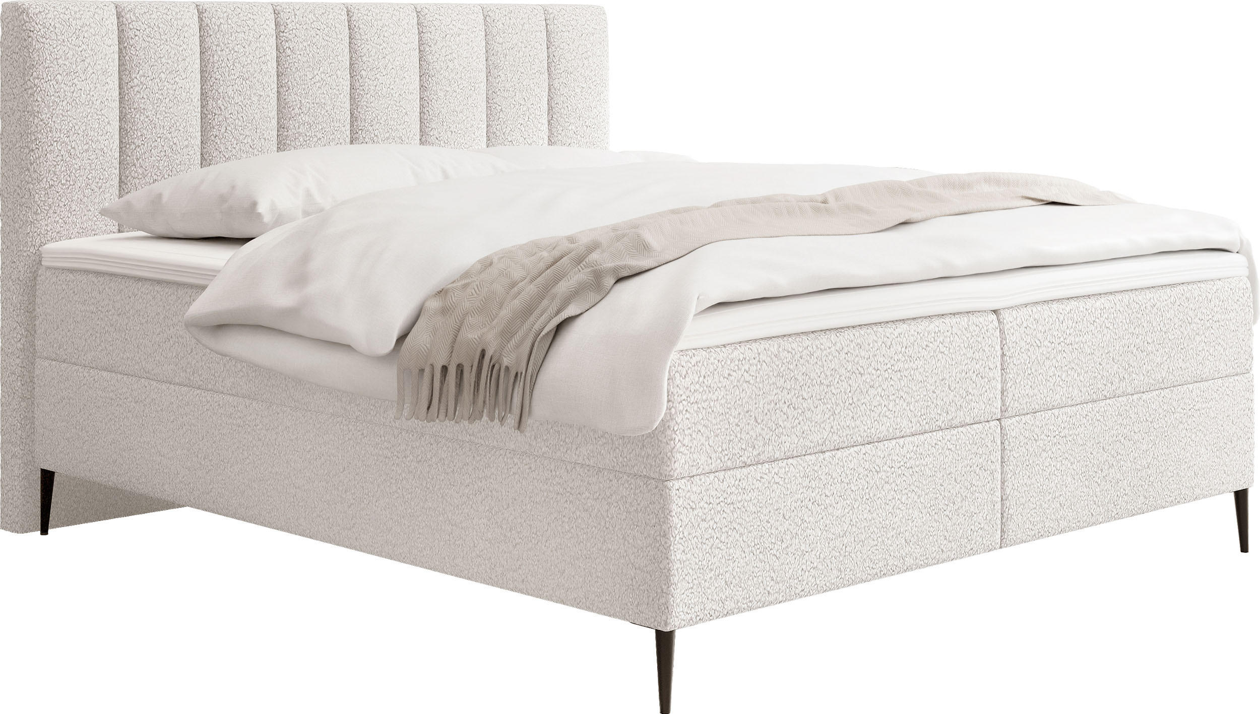 BOXBETT Allen mit Bettkasten, Boucle Weiß 140x200 cm – inkl. H4 Taschenfederkern Matratze & Foam Topper - Schwarz/Weiß, Holzwerkstoff/Metall (140/200cm) - WFL GROUP