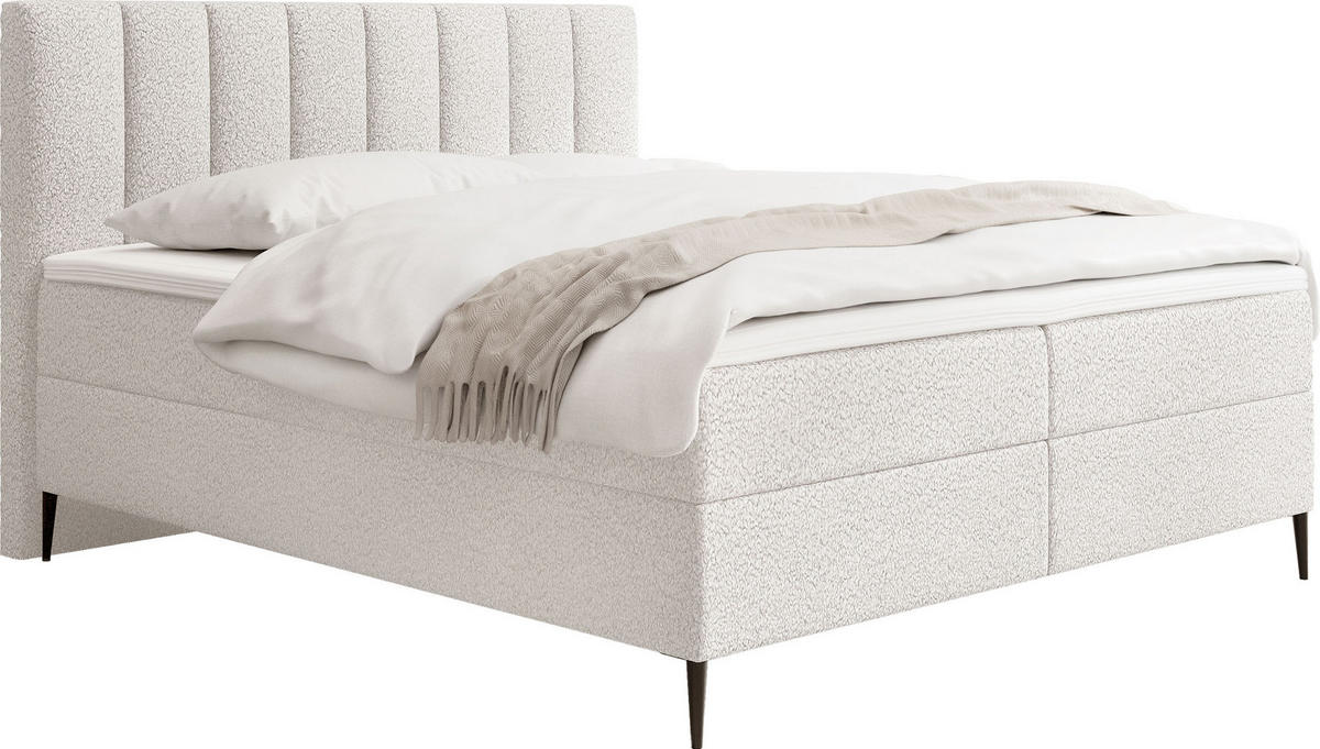 BOXBETT Allen mit Bettkasten, Boucle Weiß 200x200 cm – inkl. H4 Taschenfederkern Matratze & Foam Topper - Schwarz/Weiß, Holzwerkstoff/Metall (200/200cm) - WFL GROUP