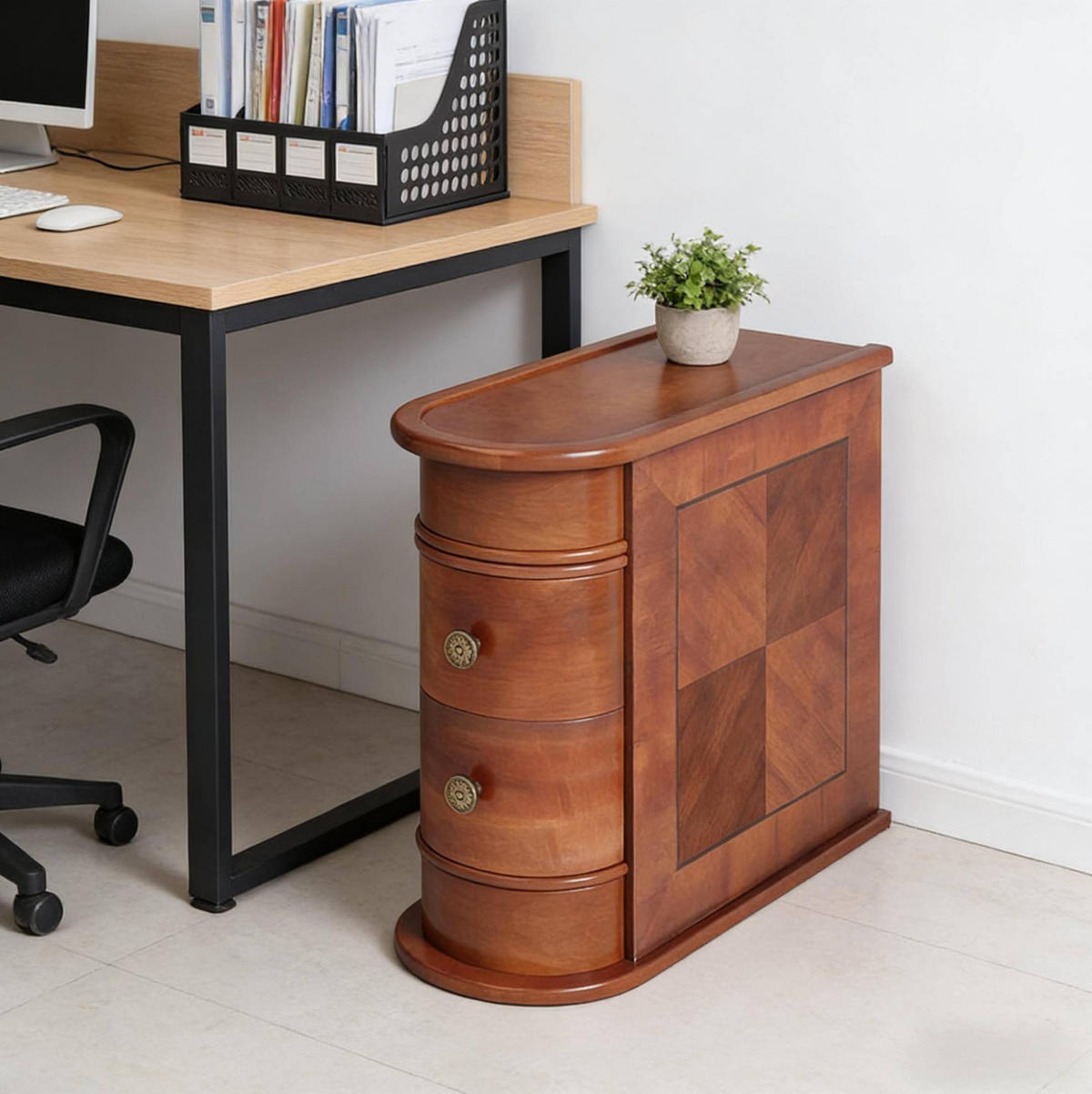 POMOĆNI stolić od drva 60x27x60 cm boja oraha s 2 ladice i zaobljenim dizajnom - boje oraha, drvni materijal (27/60/60cm) - Modfu