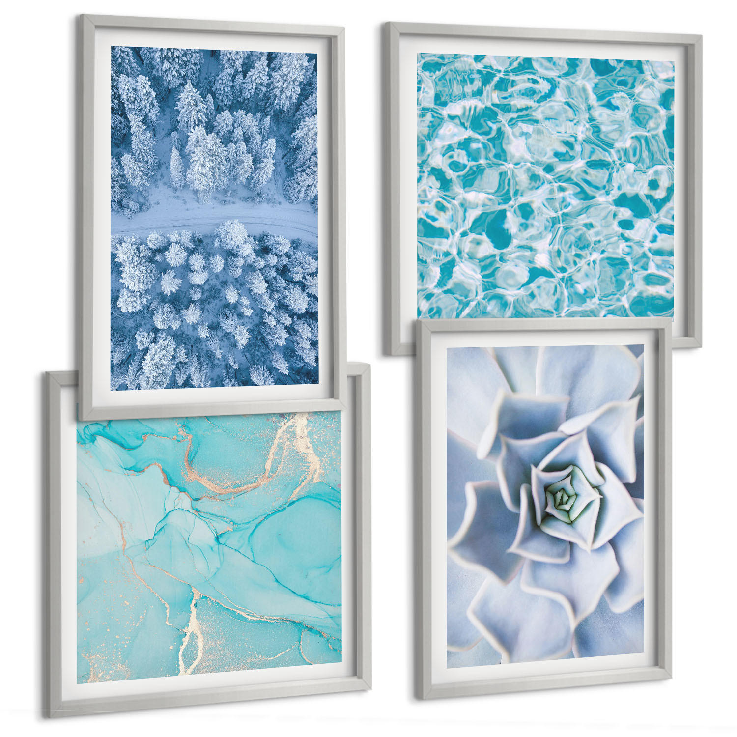 BILDER SET 4er Set - 50x50 cm & 40x60 cm Silberner Rahmen - Winterwald-Blaublume - Silberfarben, Kunststoff (50/50cm) - TULUP