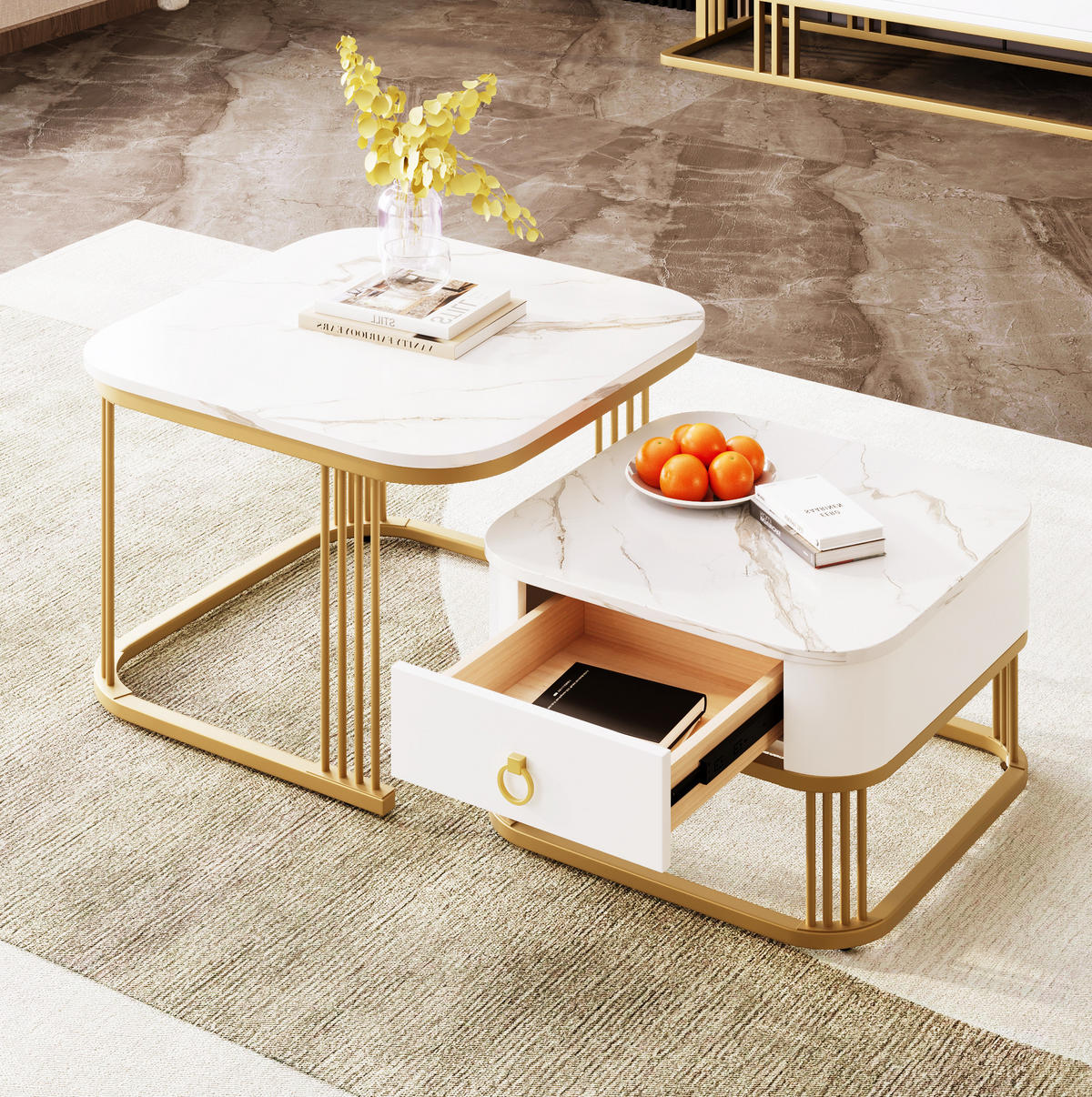 KONFERENČNÍ stolek 60/60/45 cm bílý a zlatý z MDF s mramorovým dekorem a zásuvkou - bílá/zlatá, kompozitní dřevo (60/60/45cm) - OKWISH
