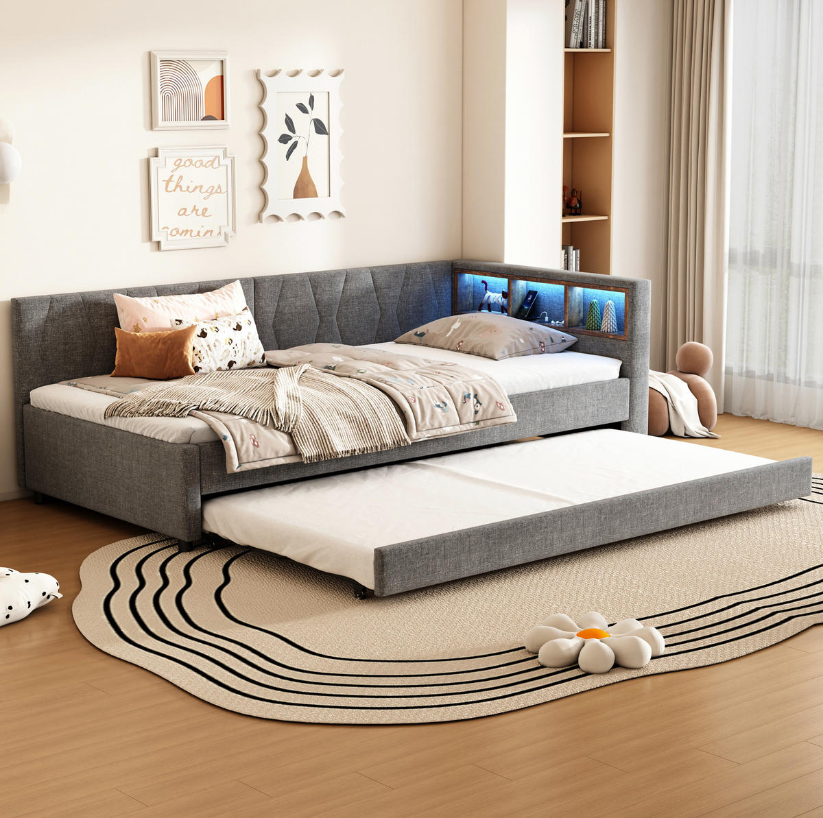 DAYBETT 90/200 cm Grau mit Ablagefach und LED-Beleuchtung aus Leinen - Grau, Textil (90/200cm) - OKWISH