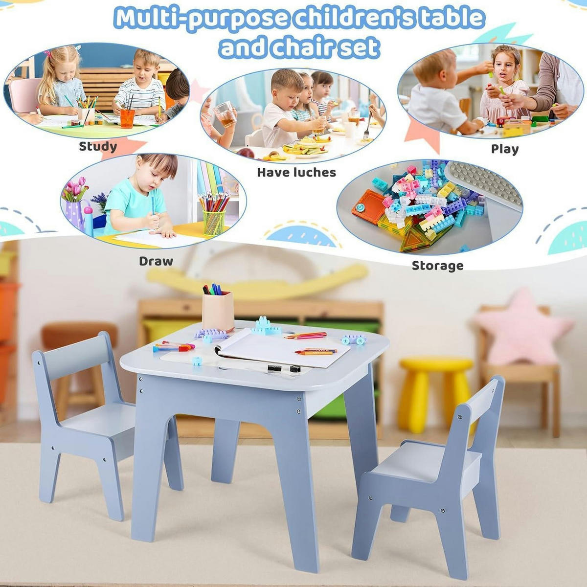 KINDERTISCH mit 2 Stühlen Set Blau - Hellblau, Holzwerkstoff (50/49/54cm)