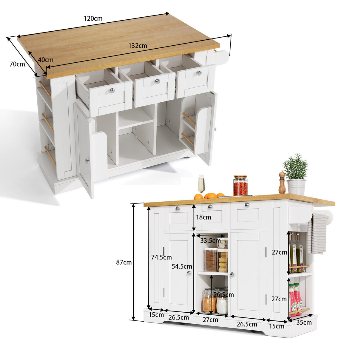 KÜCHENINSEL mit Stauraum, USB & Steckdosen, klappbare Arbeitsplatte - Weiß, Holzwerkstoff/Metall (132/87/70cm) - Urban Meuble