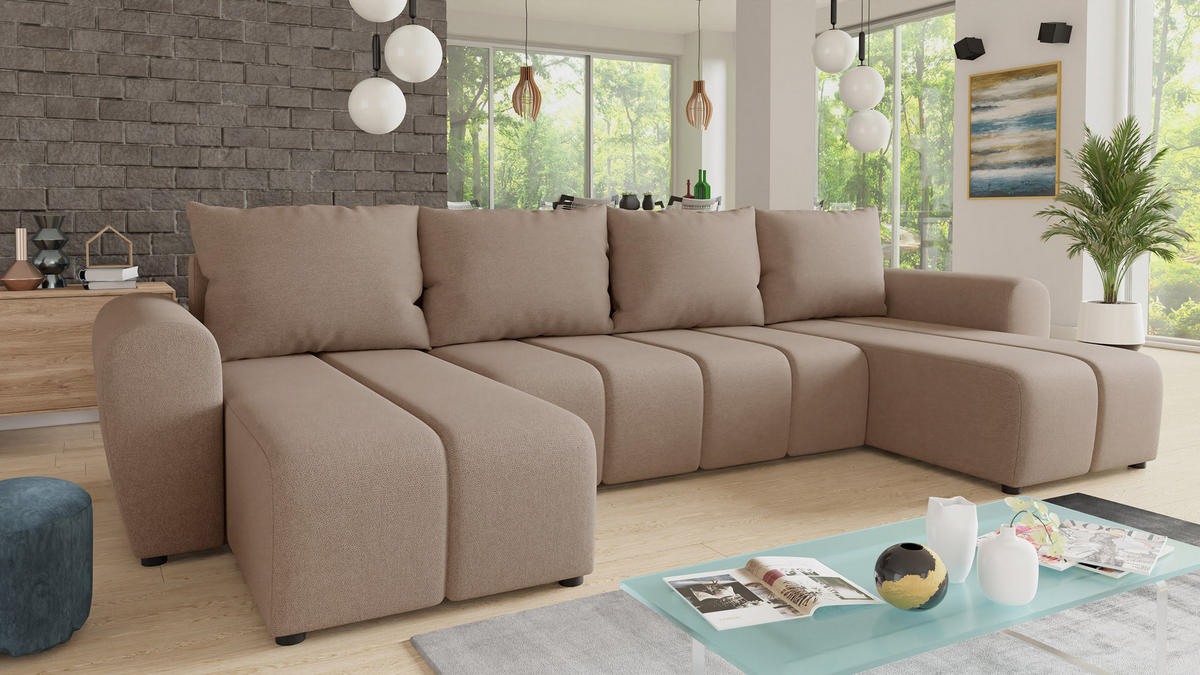 WOHNLANDSCHAFT Cleo U - Beige, Holz/Textil (315/90/147cm) - Sofnet