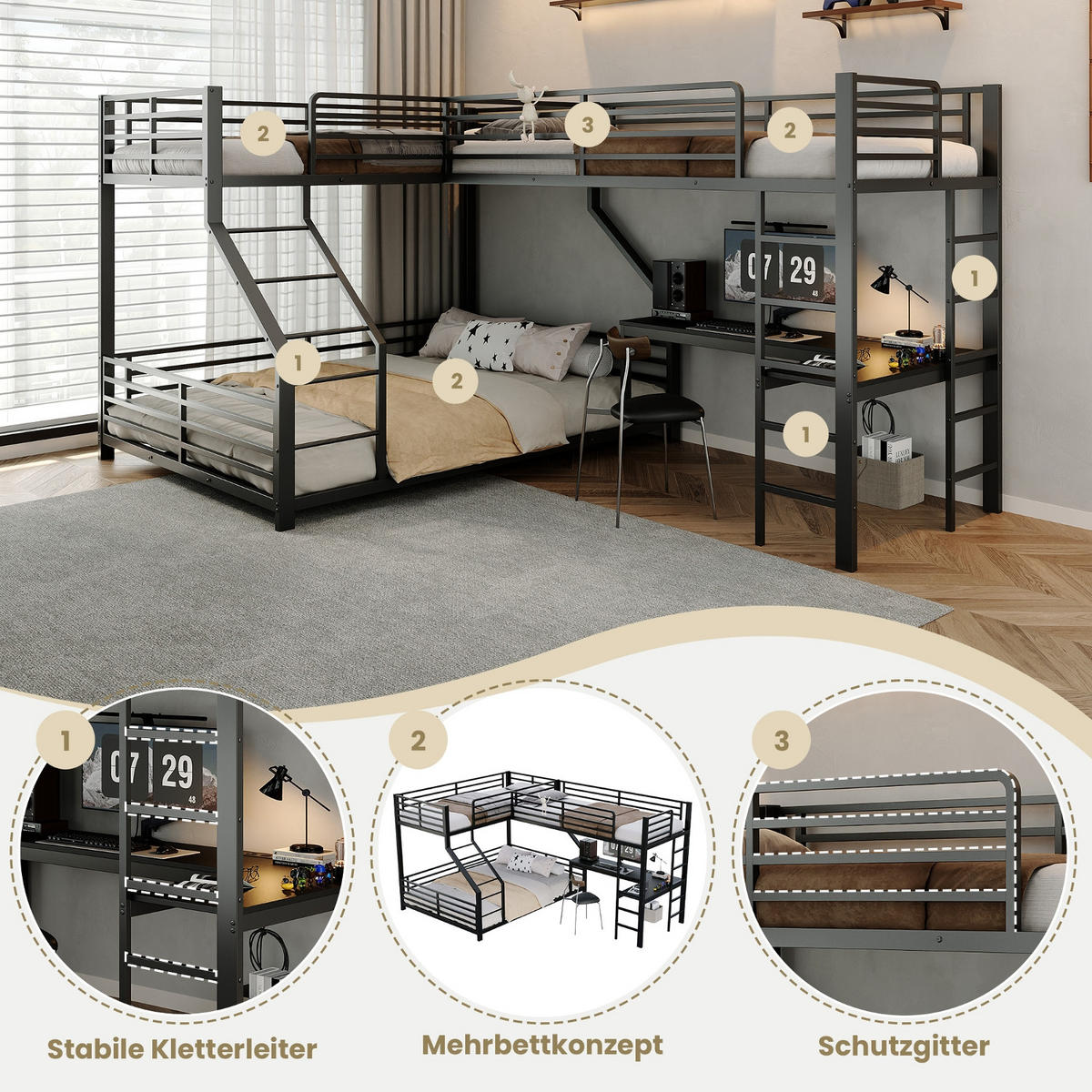 ETAGENBETT 90/200 cm Schwarz mit Schreibtisch, USB- und Type-C-Schnittstelle - Schwarz, Metall (90/200cm) - Oxeza