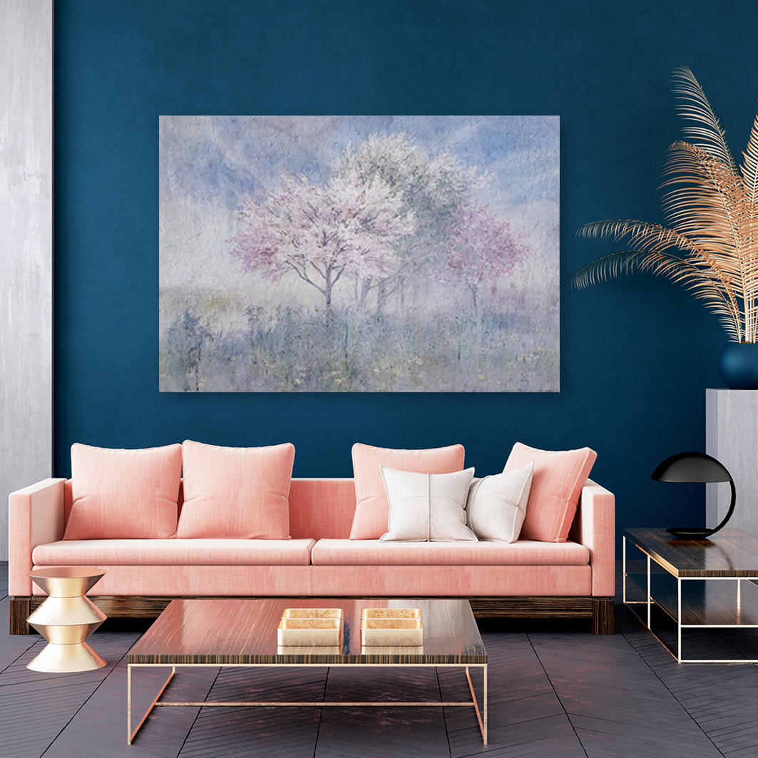 WANDBILD ein blühender baum in der alten wiese verblasst - Lila, Textil (60/40cm) - Feeby