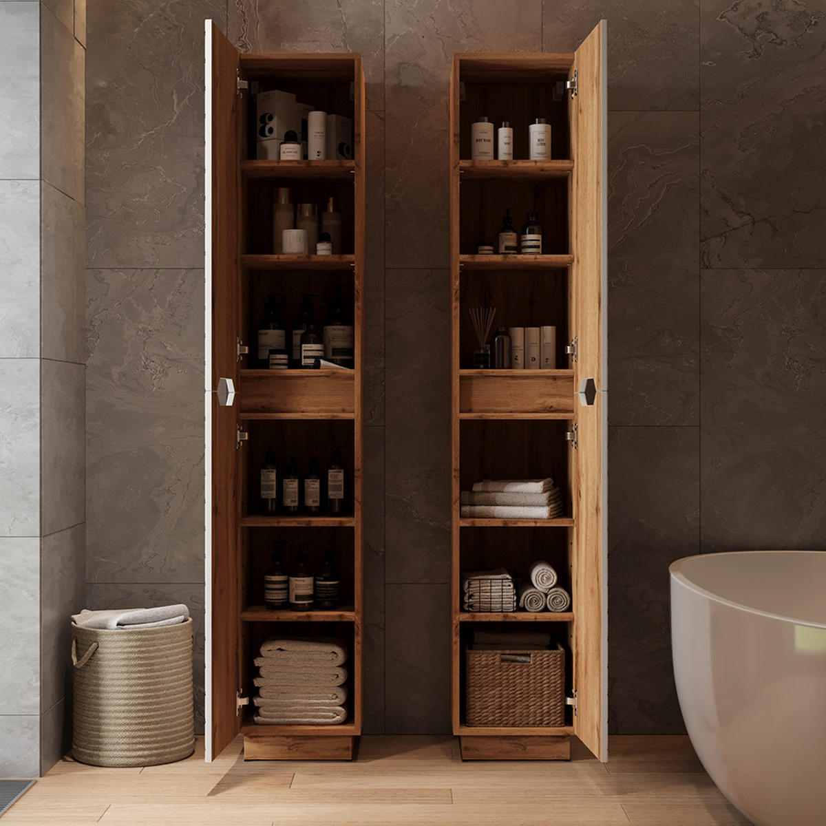 KOUPELNOVÁ SKŘÍŇKA Lotta Dub/bílá se strukturou dlaždic - bílá/barva dubu, kompozitní dřevo (33/186/35cm) - Vicco