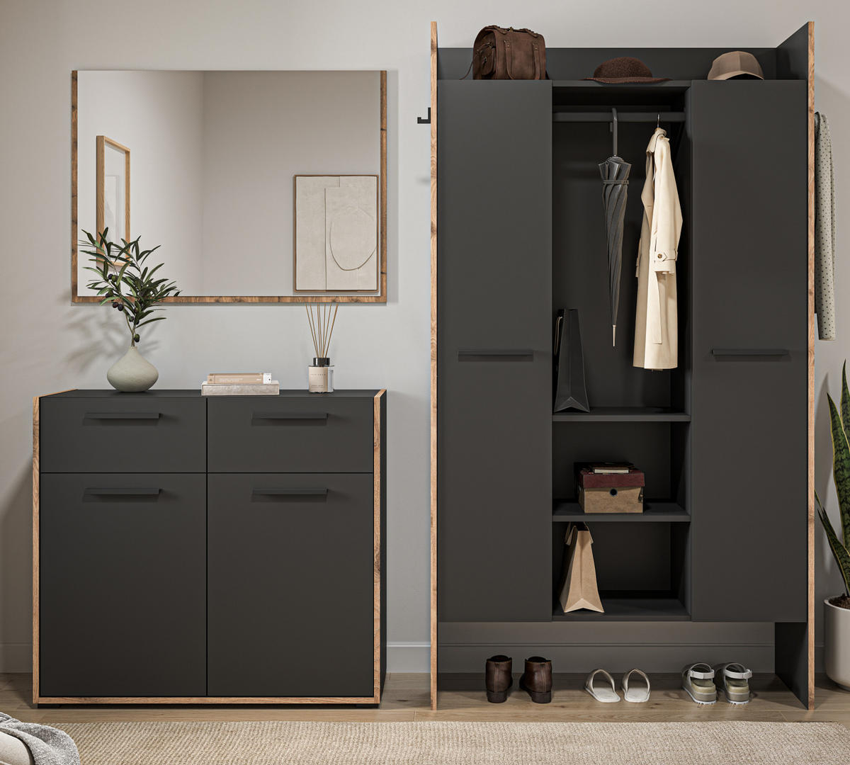 GARDEROBEN-SET 3-teilig grau, Eiche Nox 215 cm, Komplettset mit viel Stauraum - Eichefarben/Schwarz, Glas/Holzwerkstoff (215/189/37cm) - Inn.Furn