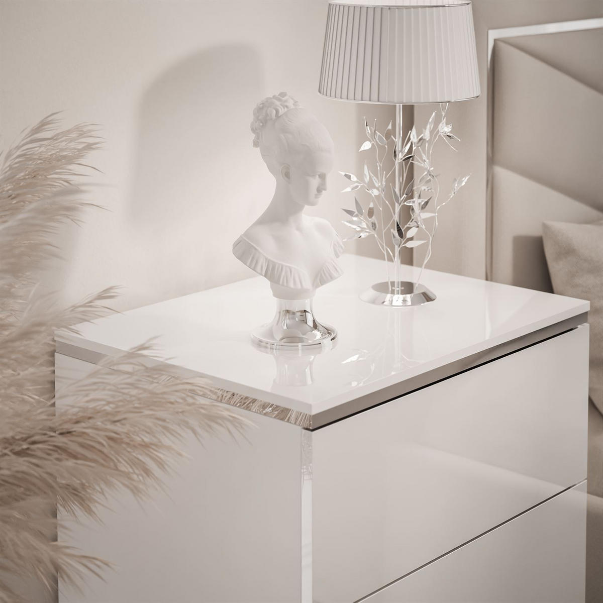 NACHTTISCH AURORA II SILVER Hochglanz Weiß mit LED-Beleuchtung – Hängend - Weiß Hochglanz, Holzwerkstoff (50/40/37cm) - Lookway