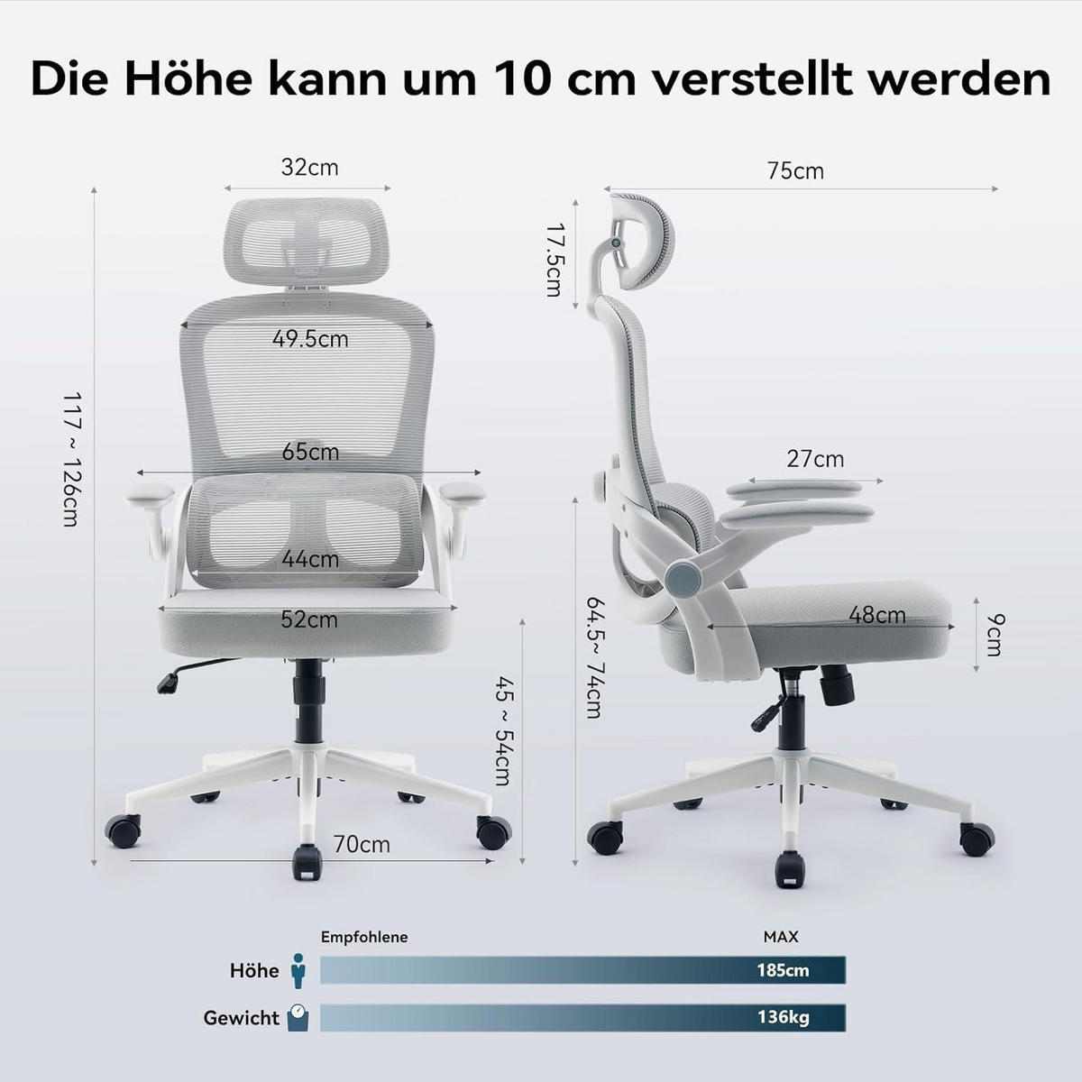 BÜROSTUHL M102C Netzrücken Weiß - Weiß, Textil (65/126/75cm)