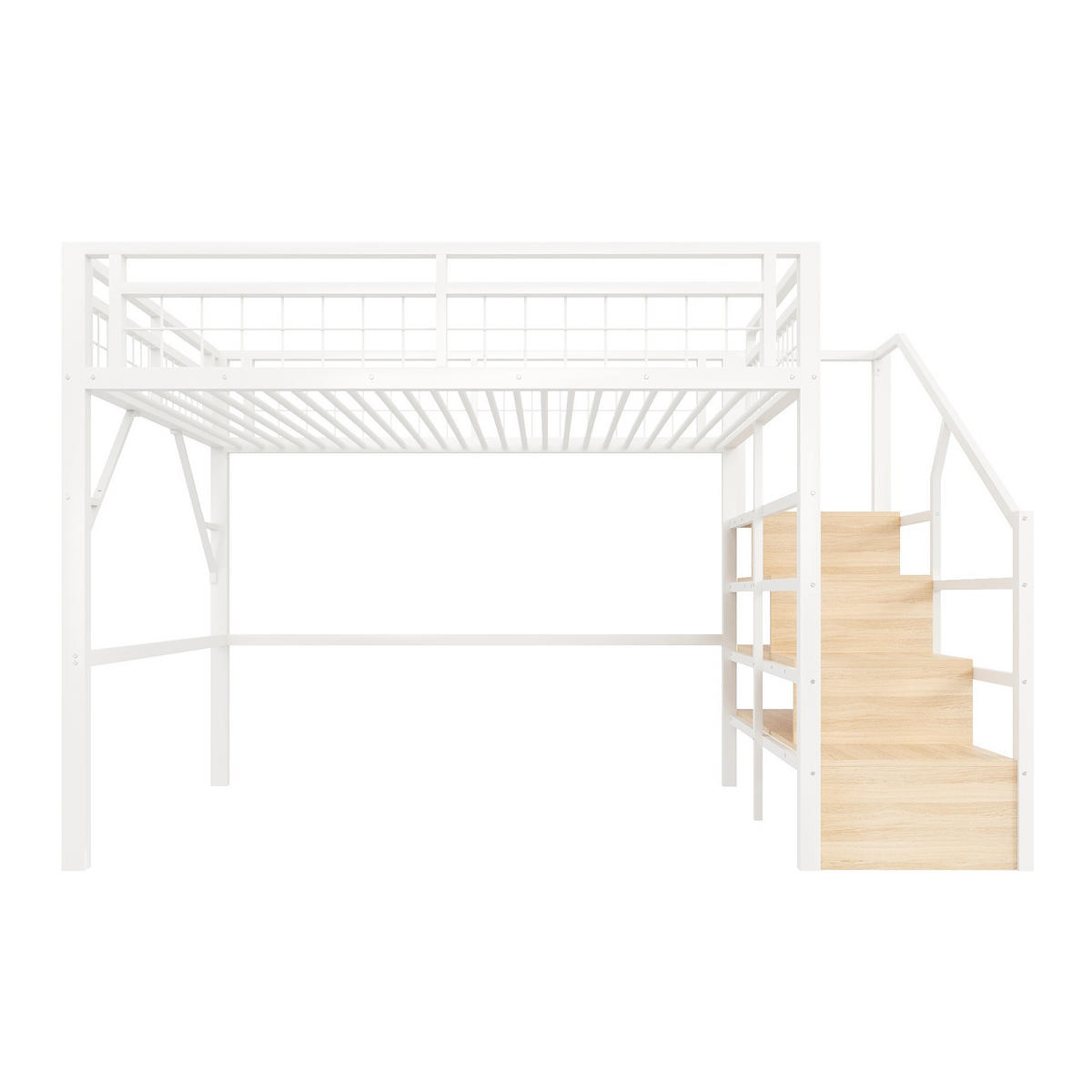 HOCHBETT 140/200 cm mit LED-Lichtleiste, Stauraumtreppe und Freiraum unter dem Bett, Weiß - Weiß, Metall (140/200cm) - Redom
