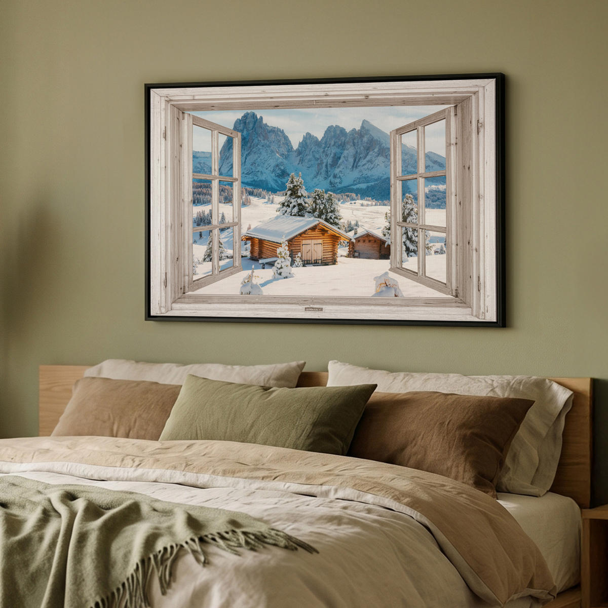 LEINWAND Bilder mit Rahmen - Winterlandschaft - Hütte - Berge - Ausblicke - Aussicht - Natur - 90x60 - Weiß Hochglanz, Textil (90/60cm) - MuchoWow