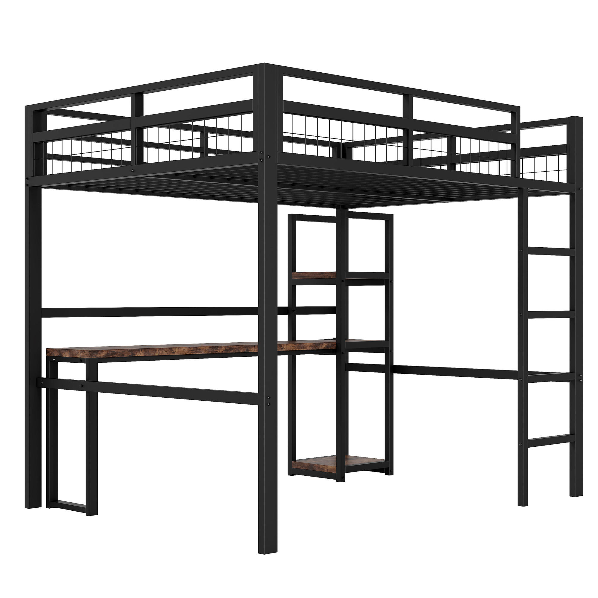 HOCHBETT 140 x 200cm Eisenrahmen，mit usb type-c, Geländer, Trittleiter, ohne Matratze, Schwarz - Schwarz, Metall (140/200cm) - KOMHTOM