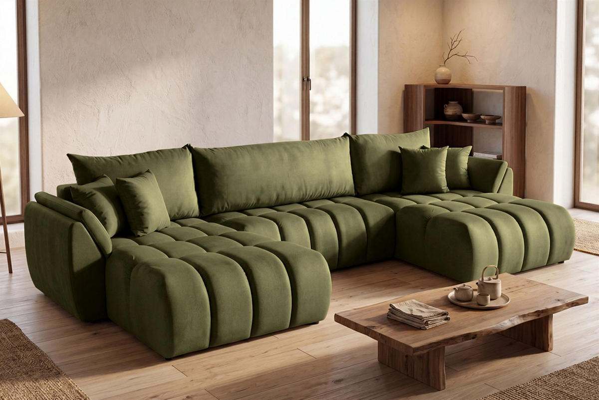 WOHNLANDSCHAFT Collin Mit Schlaffunktion - Grün, Holzwerkstoff/Textil (382/85/185cm) - Fun Möbel
