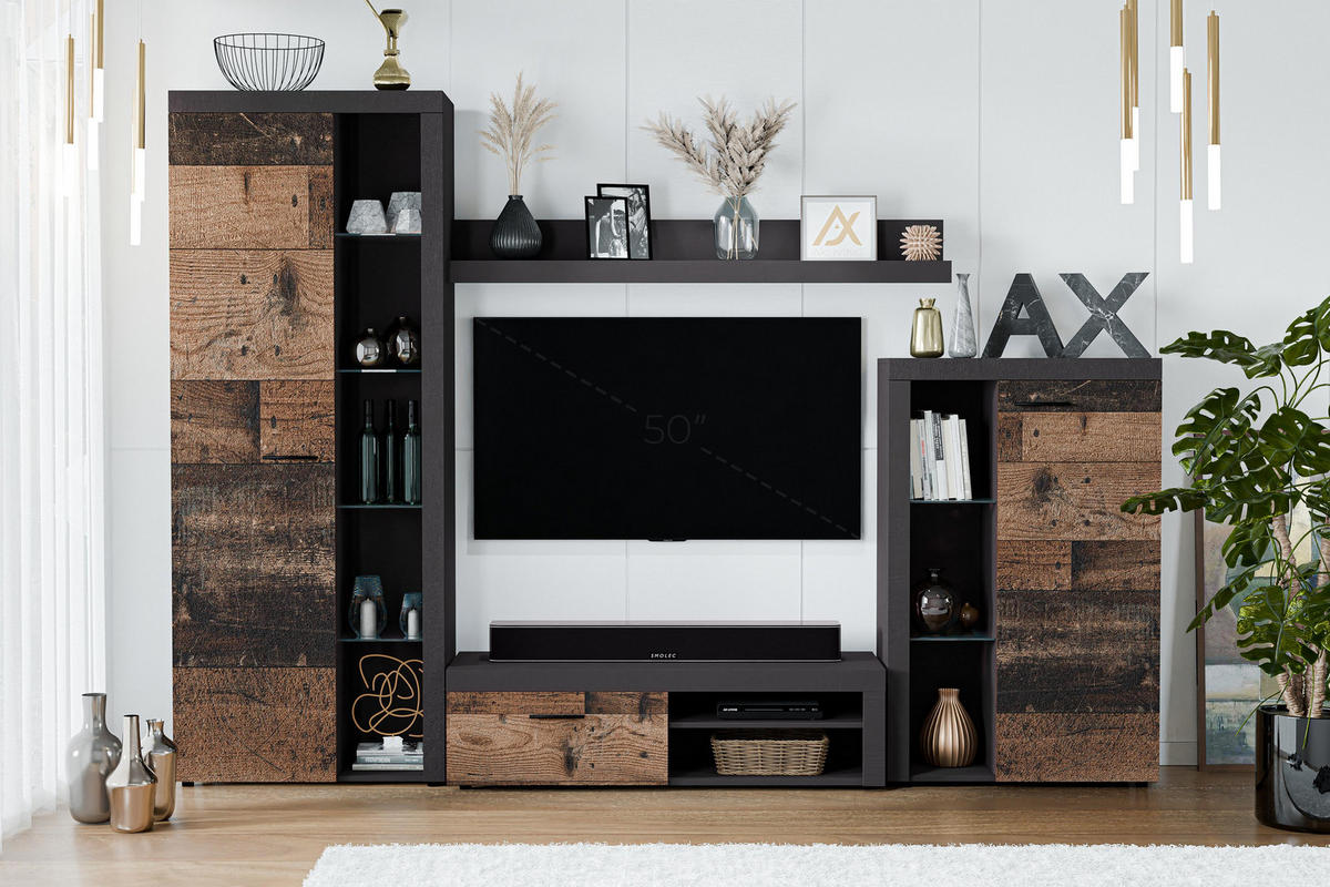 WOHNWAND Spacoro Grau, Matera Oldwood 270/190/41 cm Wohnwand Modern ohne LED - Dunkelgrau/Bronzefarben, Holzwerkstoff/Kunststoff (270/190/41cm) - AX Living