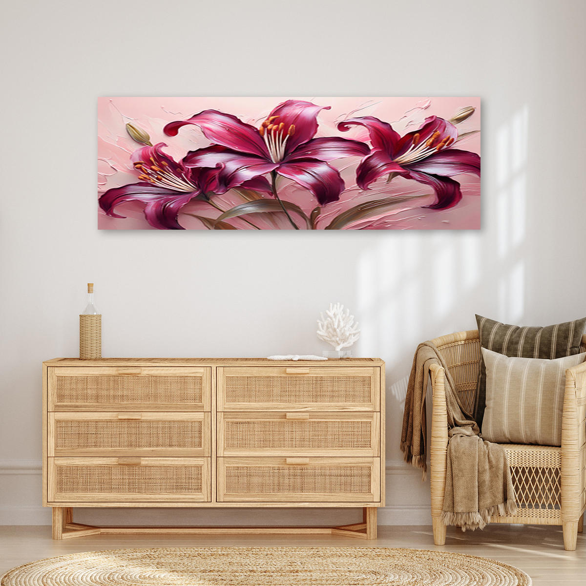 WANDBILD rote pastelllilien blumen - Pink, Textil (90/30cm) - Feeby