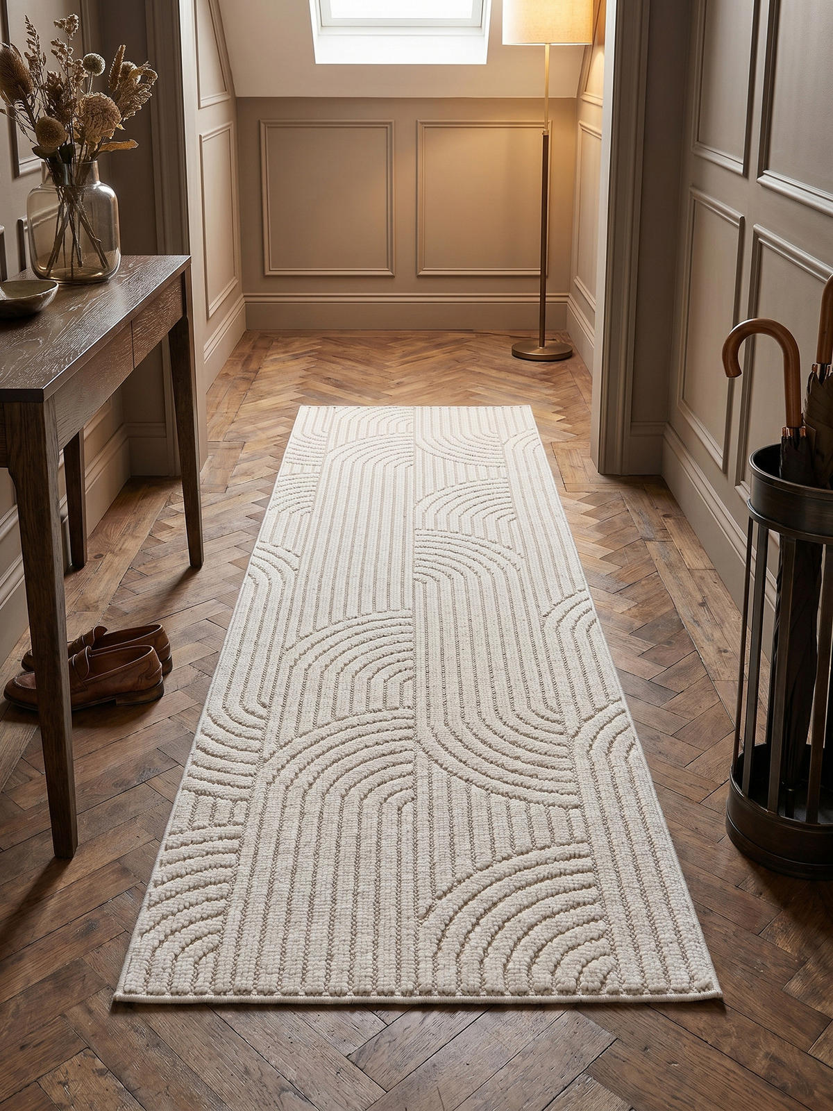 TEPPICH Flachgewebe LANGAU in Creme, mit geometrischen Bögen, 80 x 250 cm - Beige, Textil (80/250cm) - KADIMA DESIGN