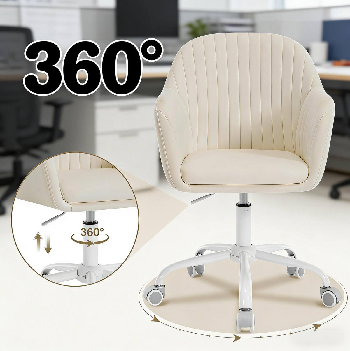 DREHSTUHL 58/58,5/79,5-87 cm cremeweiß aus Samt und Metall mit Rollen - Creme, Metall (56/87/40cm) - OKWISH